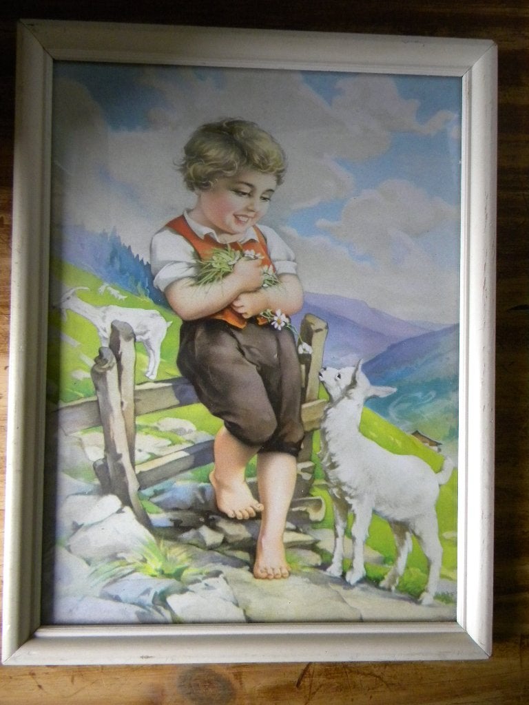 OUDE PRENT MEISJE MET GEIT IN LIJST - NOSTALGIE, Minder dan 50 cm, Gebruikt, Ophalen of Verzenden, Print