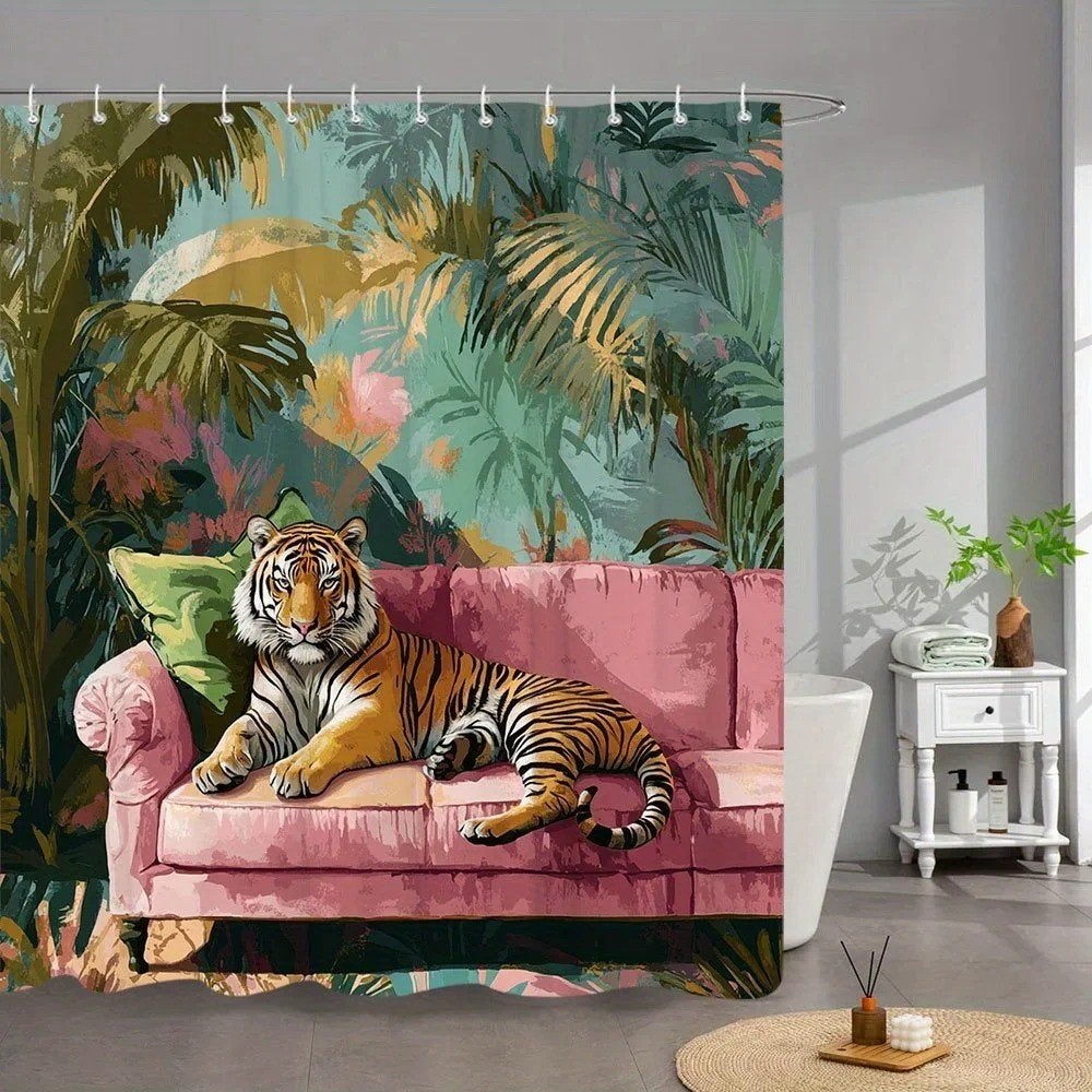 Douchegordijn Zittende Tijger schilderij (180x200cm), Ophalen of Verzenden, Nieuw, Overige typen
