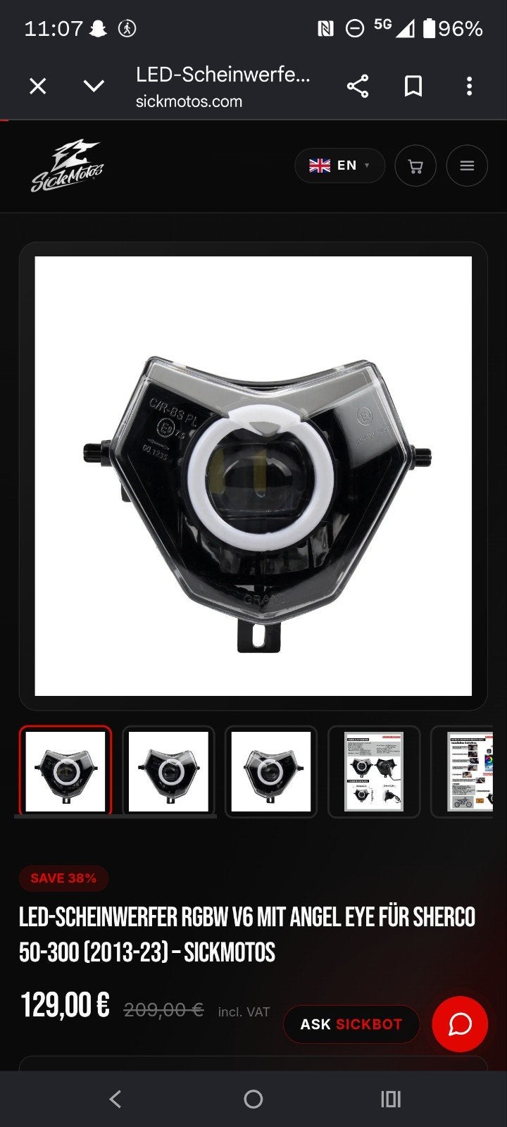 sherco sm 125 koplamp, Ophalen, Nieuw