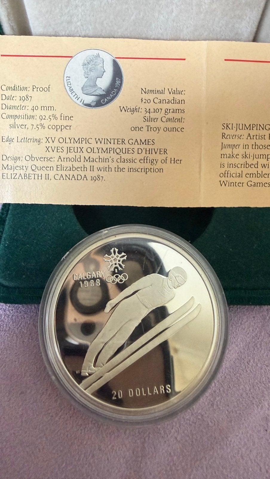 20 dollars 1987 - Calgary'88 Olympic- Ski Jumping, Canada, Postzegels en Munten, Verzenden, Zilver