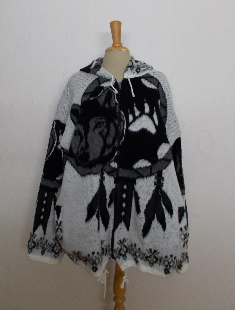 Unisex wolven print vest met capuchon uit Ecuador! XL, Verzenden, Zo goed als nieuw, Maat 46/48 (XL) of groter, Grijs