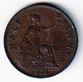 1/2  penny  1932  Engeland. km. 837., Ophalen of Verzenden, Overige landen, Losse munt