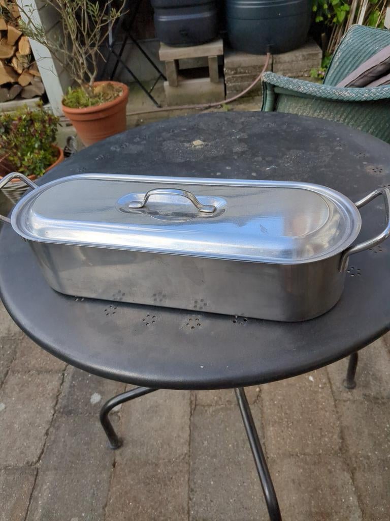 RVS Vispan / Braadslede met Rooster en Deksel, Huis en Inrichting, Keuken | Potten en Pannen, Ophalen of Verzenden, Zo goed als nieuw