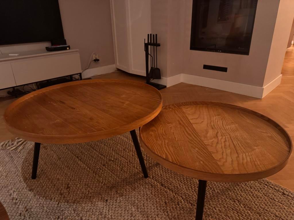 Salontafel set Woood - Houten ronde bijzettafels, Huis en Inrichting, Tafels | Salontafels, Ophalen, Gebruikt, Rond, 50 tot 100 cm