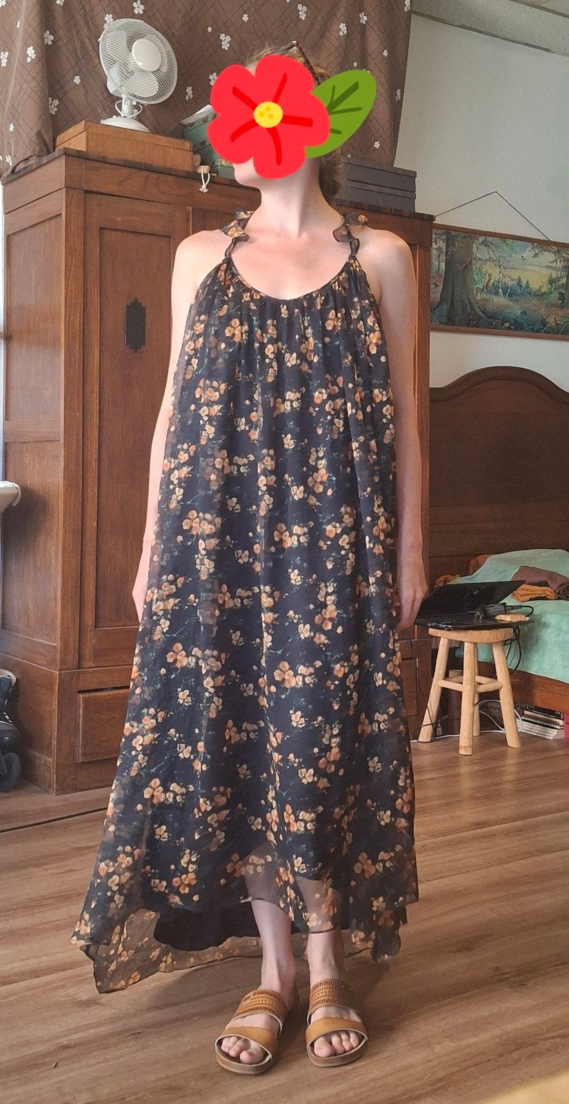 Zara Maxi Jurk Navy Blauw met Oranje Bloemen, Meerkleurig, Zo goed als nieuw, Maat 34 (XS) of kleiner, Onder de knie