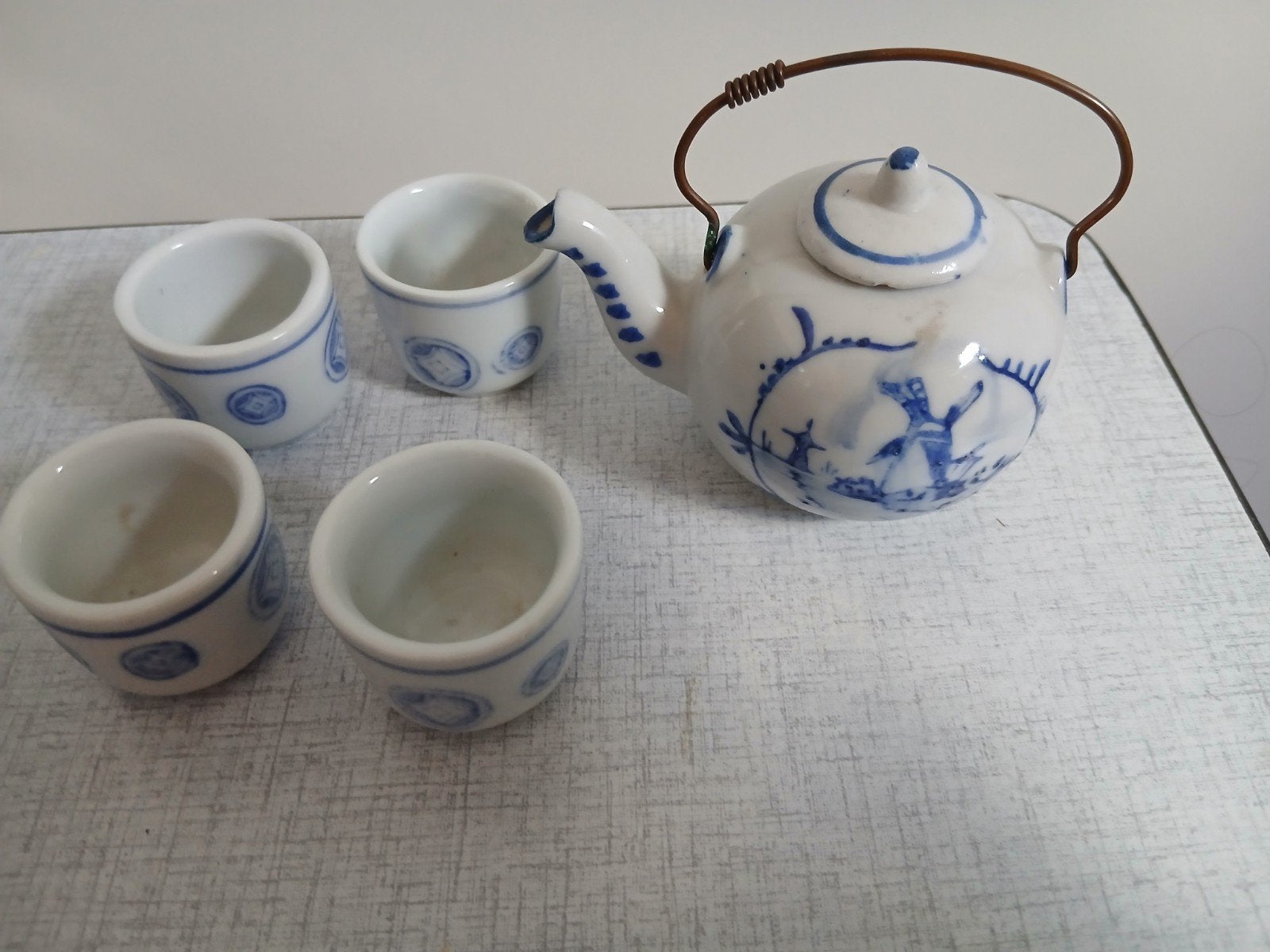 blauw miniatuur theeserviesje met molens, Ophalen of Verzenden, Zo goed als nieuw