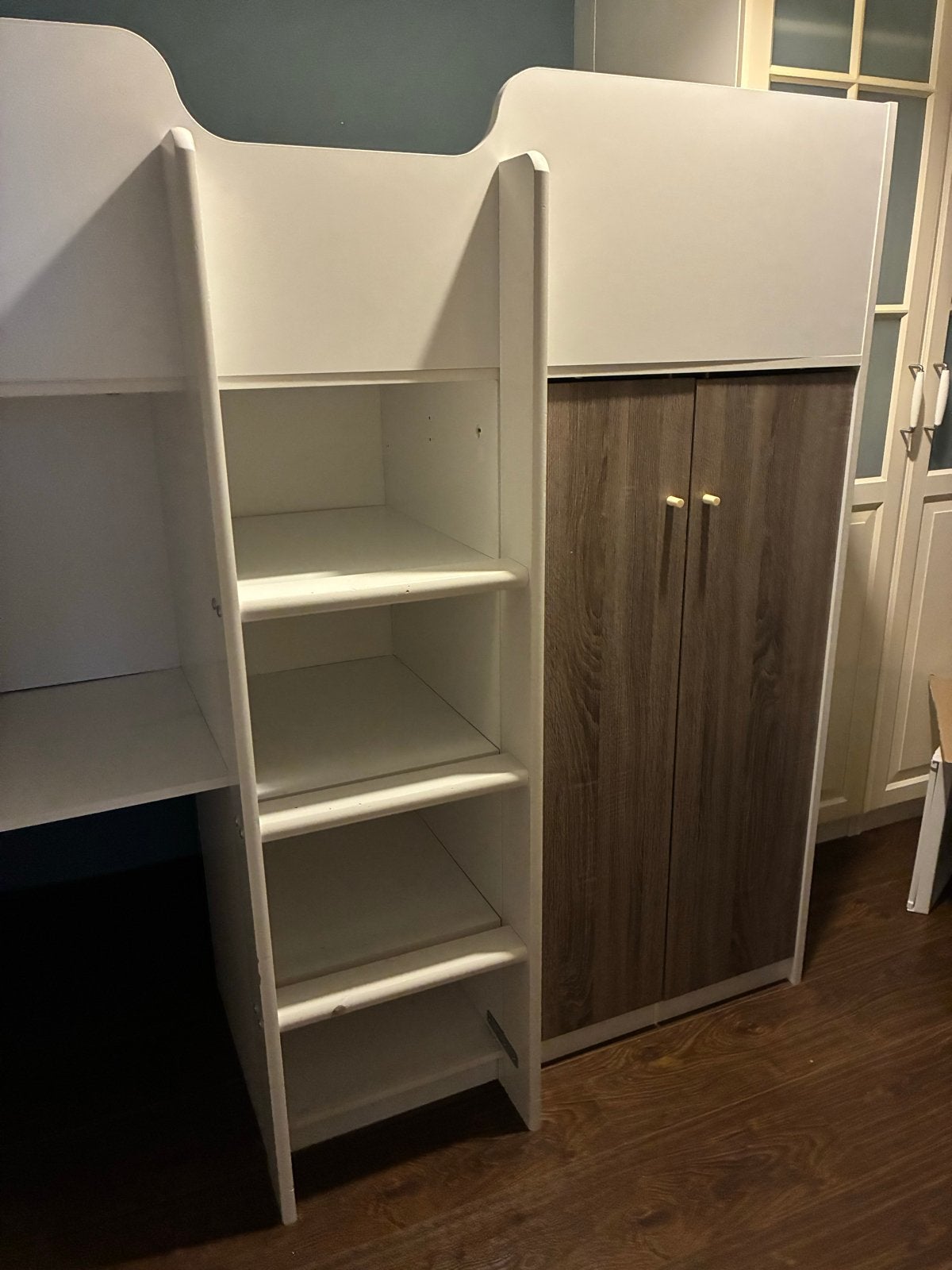 Halfhoogslaper Tristan wit/eiken met bureau en opbergruimte, Ophalen, Gebruikt, Lattenbodem, 100 cm of meer
