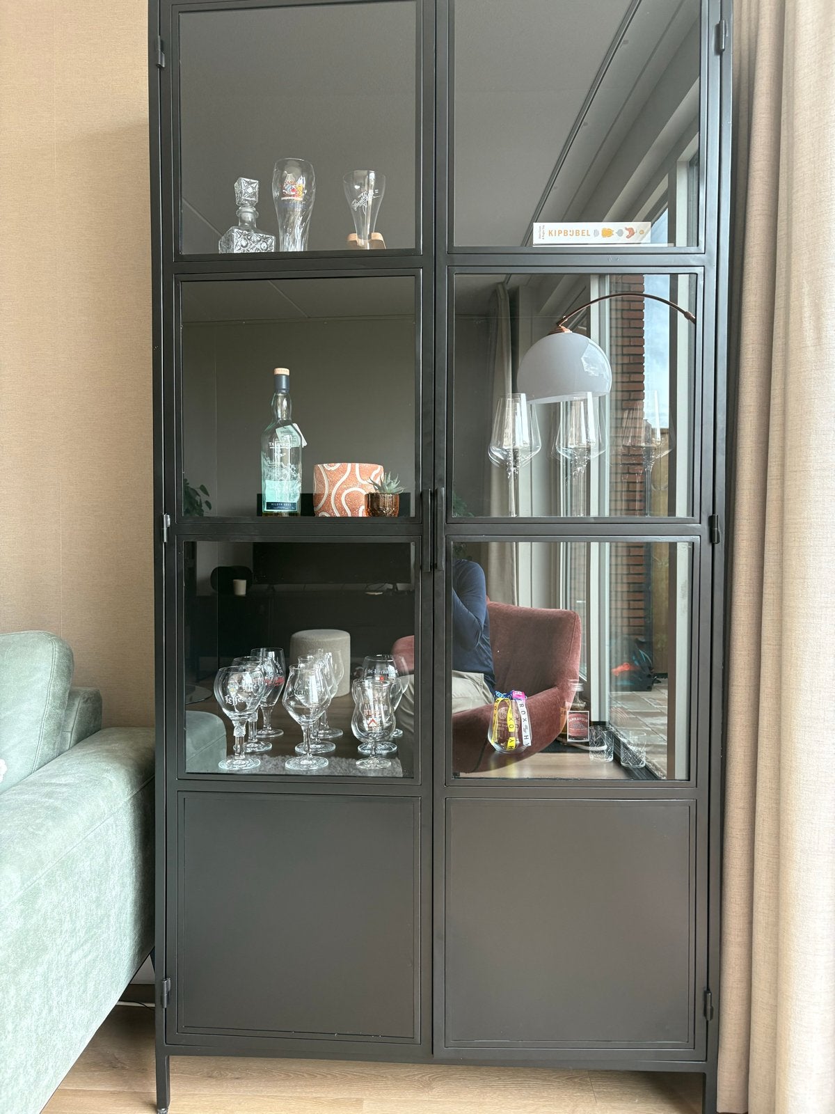 Stijlvolle vitrinekast zwart metaal & glas, Ophalen, Gebruikt, 200 cm of meer, 50 tot 100 cm