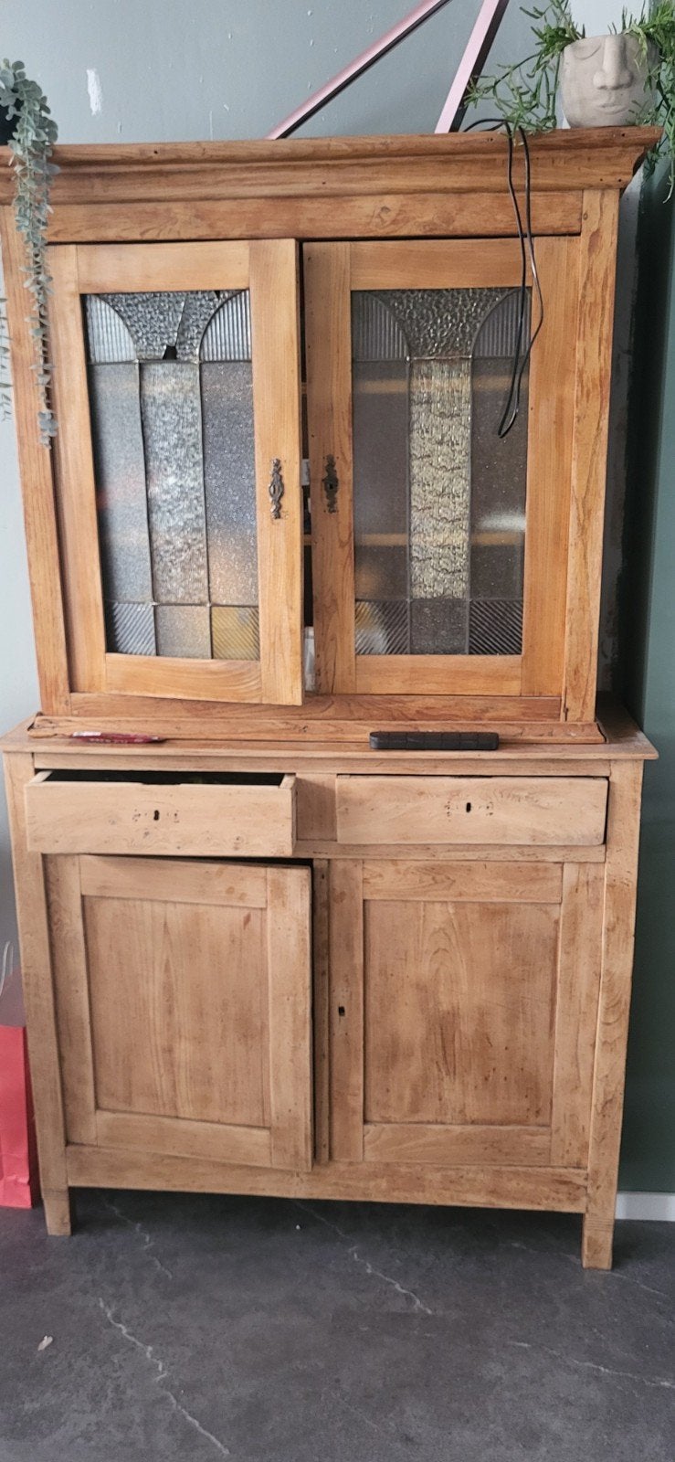Antieke kast met glas-in-lood deuren - 114x193 cm, Ophalen of Verzenden