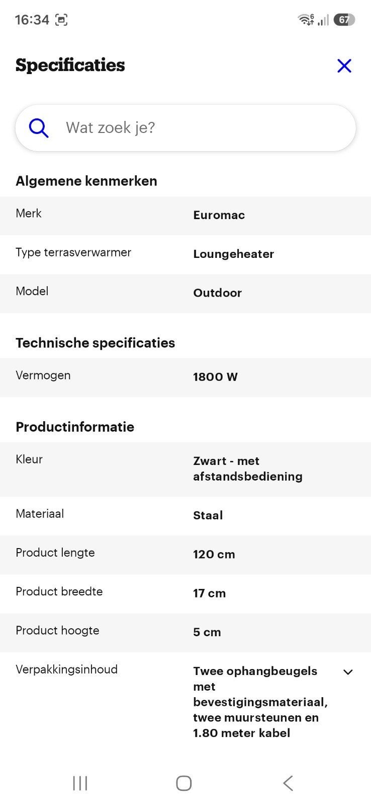 Euromac Loungeheater Outdoor Terrasverwarmer 1800W, Ophalen, Zo goed als nieuw