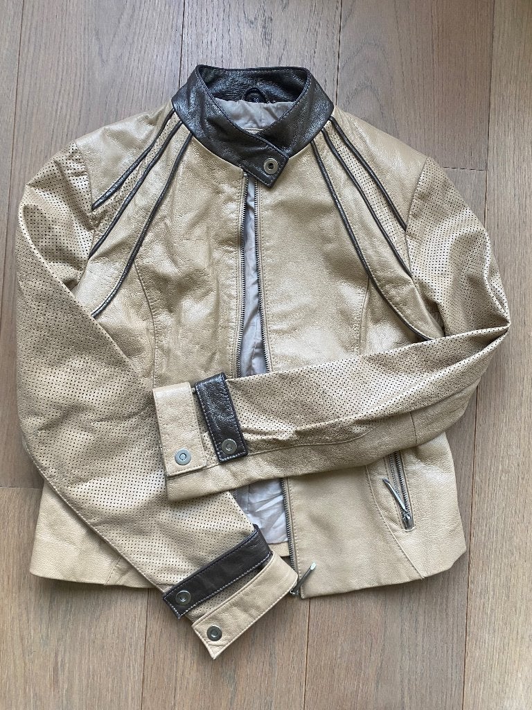 Beige leren motorrace jas met glimmend bruin leer maat m, Maat 38/40 (M), Beige, Ophalen of Verzenden, Zo goed als nieuw