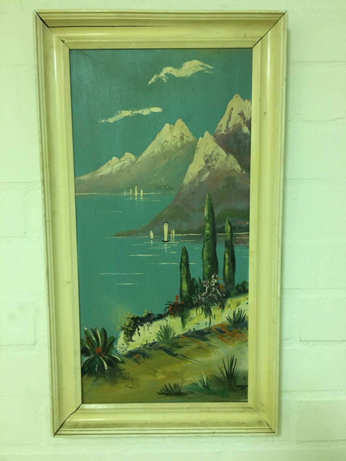 Vintage Schilderij - Berglandschap met water, Doek, Ophalen of Verzenden, Landschap, Olieverf