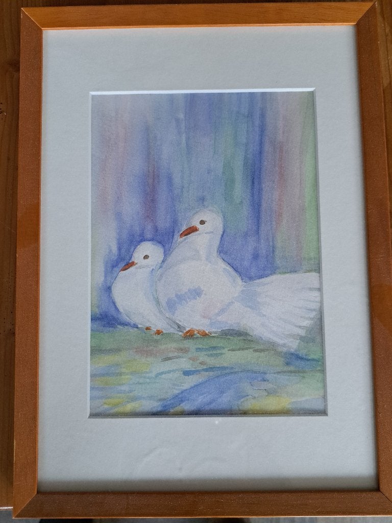 Aquarel schilderij: Duiven, Aquarel, Papier/karton, Achter glas, Ophalen of Verzenden