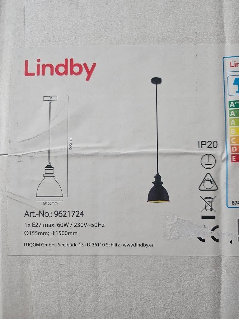 Lindby Hanglamp Zwart - E27, Ø155mm, H:1500mm, Huis en Inrichting, Lampen | Hanglampen, Nieuw, 75 cm of meer, Metaal, Ophalen of Verzenden