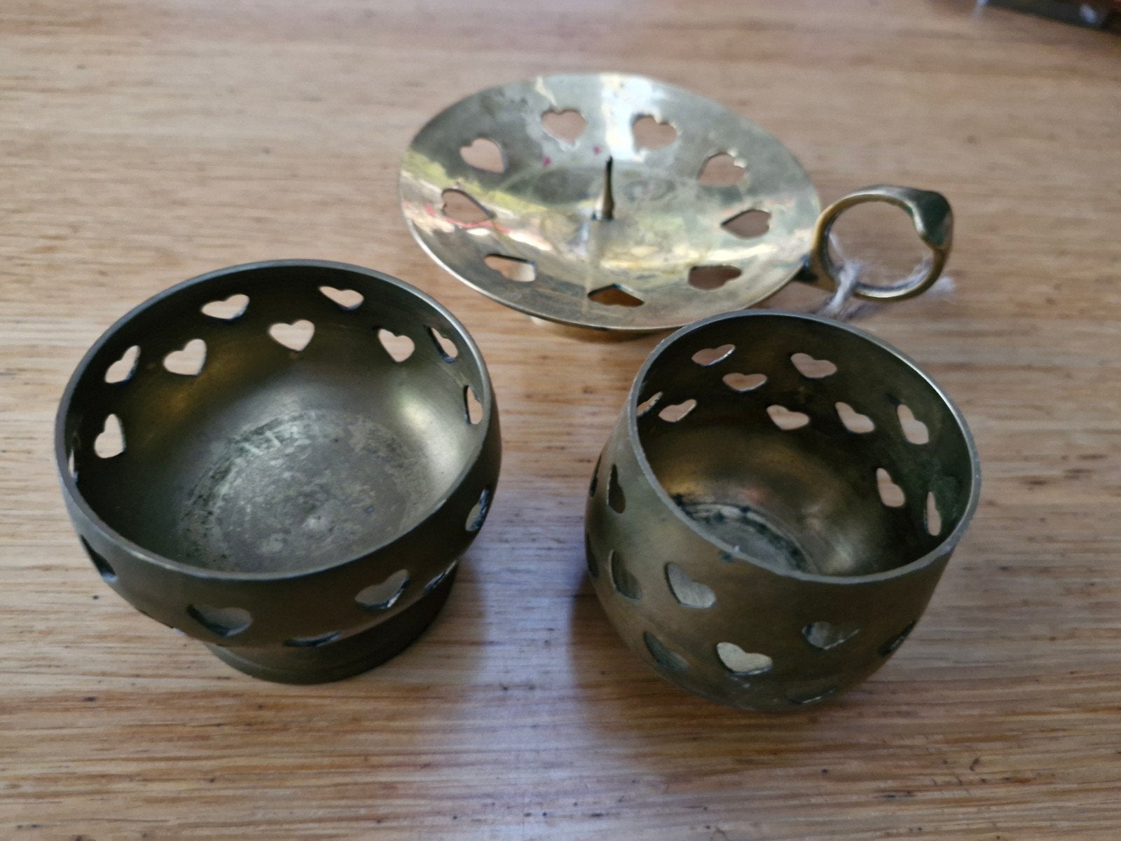 Messing theelichthouders en kandelaar met hartjes, Ophalen of Verzenden, Koper of Brons