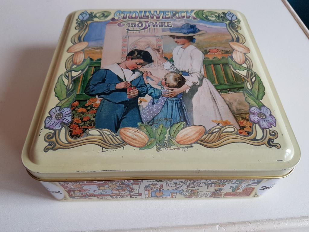 blik Stollwerck 150 Jahre, ca. 17,5 x 17,5 cm., gebruikt, Verzamelen, Blikken, Ophalen of Verzenden, Gebruikt, Overige