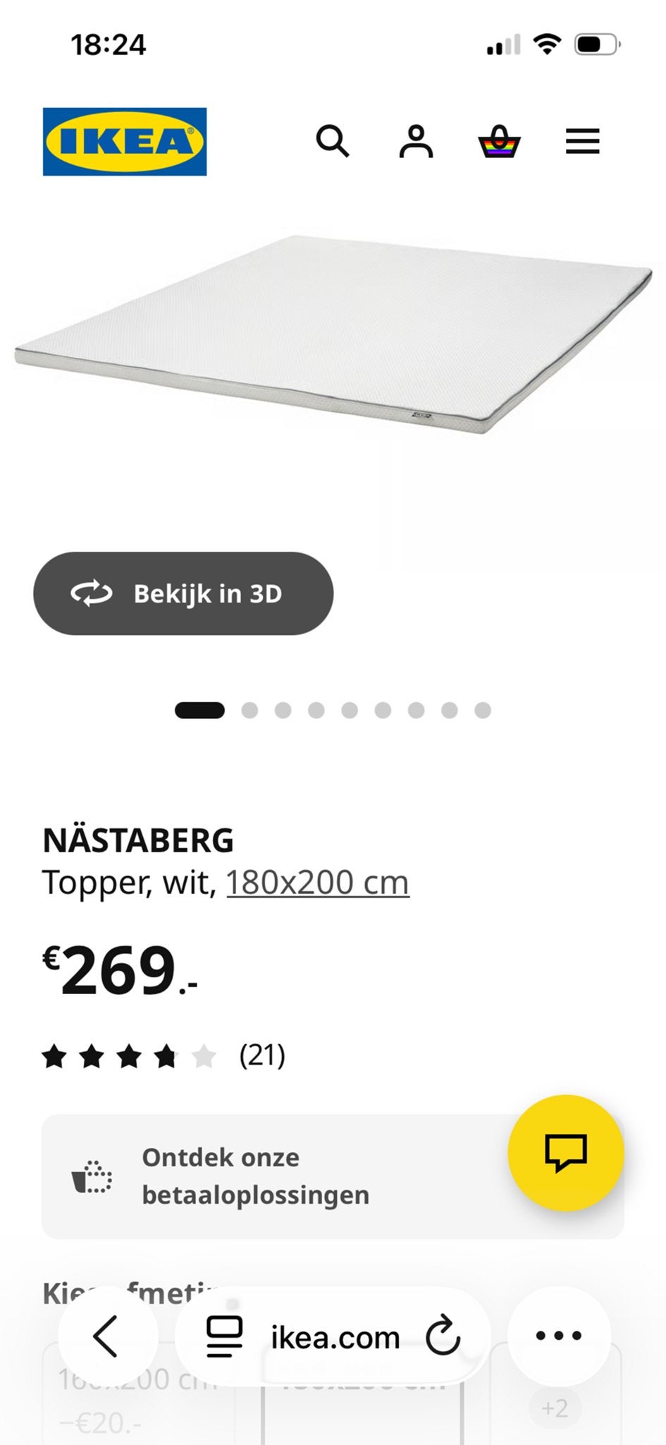 IKEA Topper Nastaberg 180x200cm z.g.a.n., Ophalen, Tweepersoons, Zo goed als nieuw, Matras