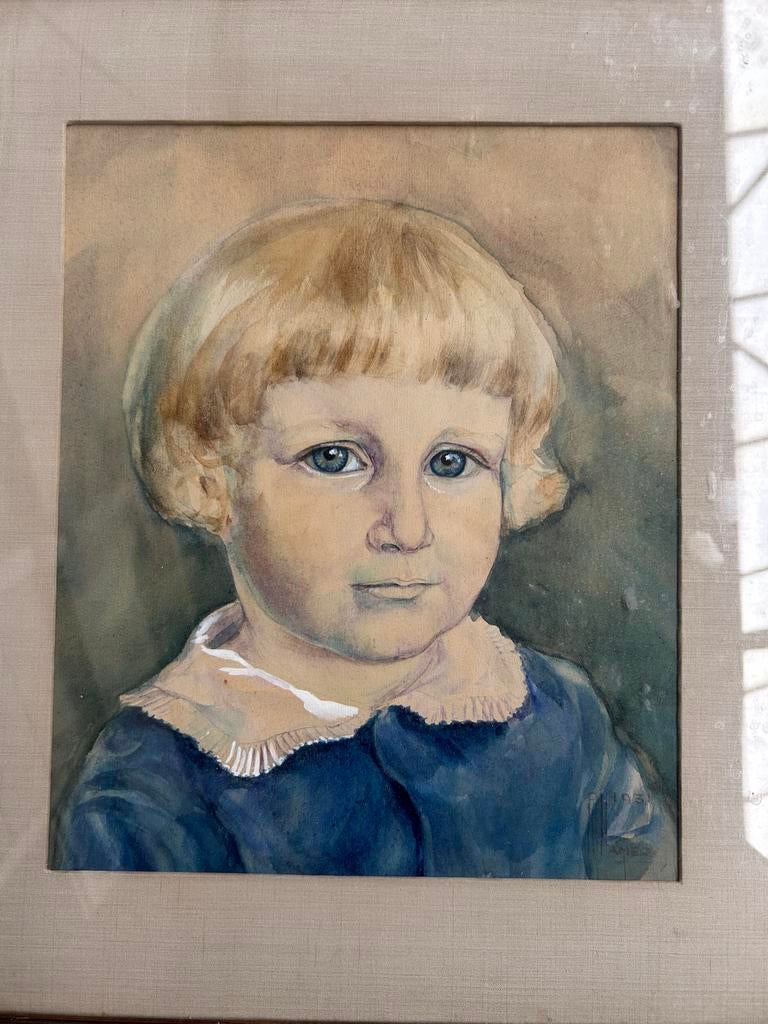 Vintage aquarel portret kind, gesigneerd en gedateerd 1931, Ophalen of Verzenden