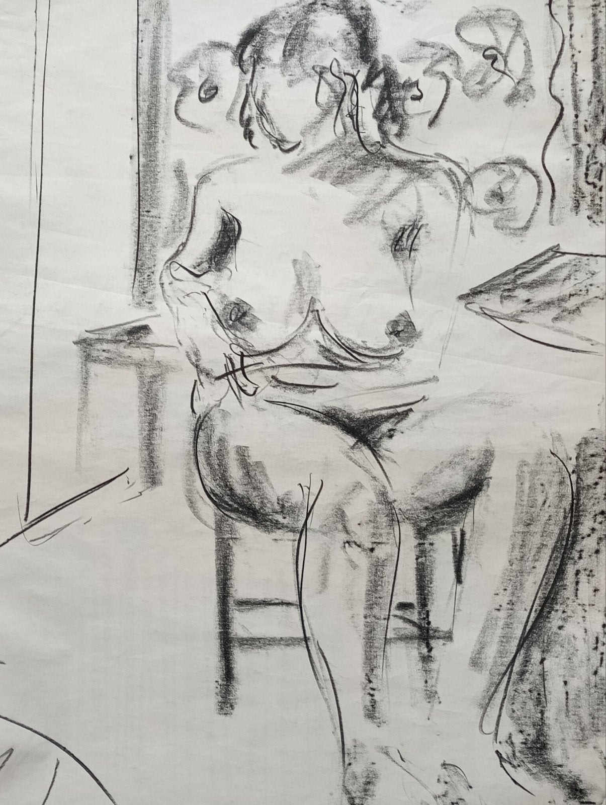 Tekening krijt zittend naakt jaren 90, Ophalen of Verzenden