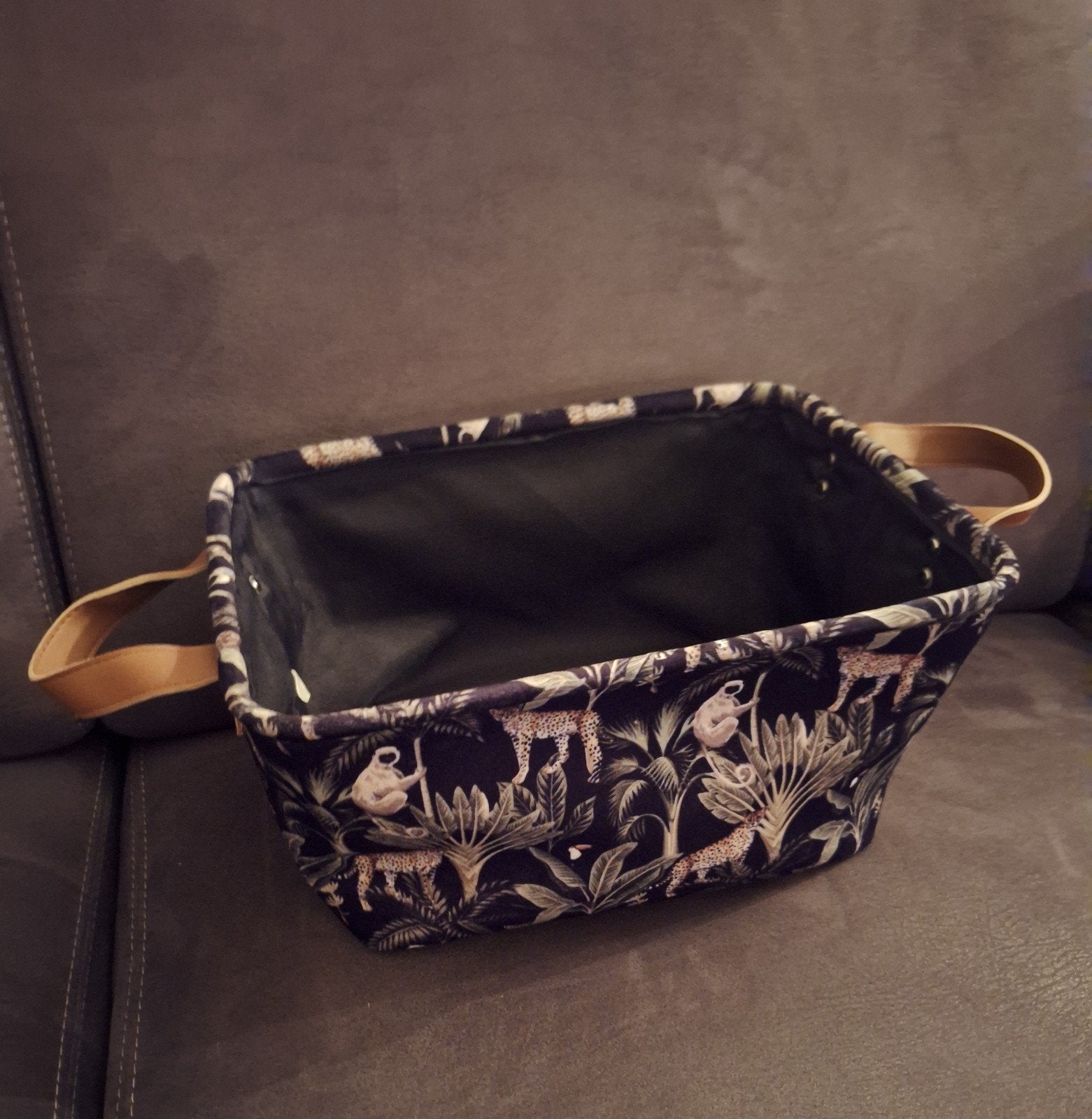 Jungle mand met luipaard en apen print, Met handvatten, Gebruikt, Mand, Textiel