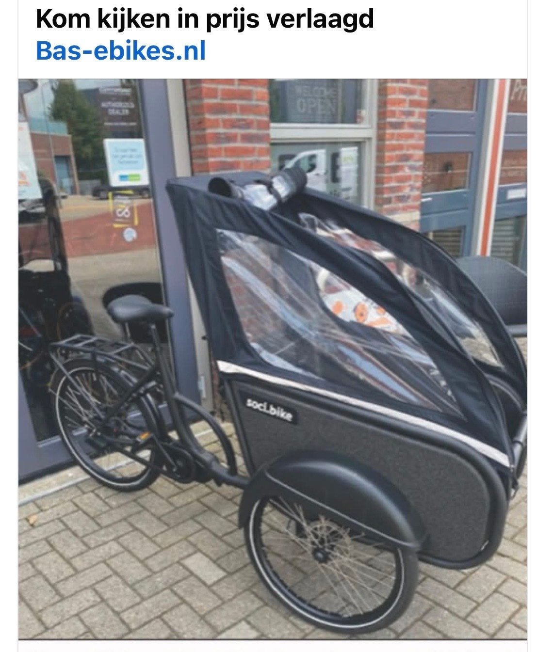 Soci.Bike Bakfiets - Elektrisch met Huif - Zo goed als nieuw, Elektrisch, Zo goed als nieuw, 2 kinderen, Schijfrem