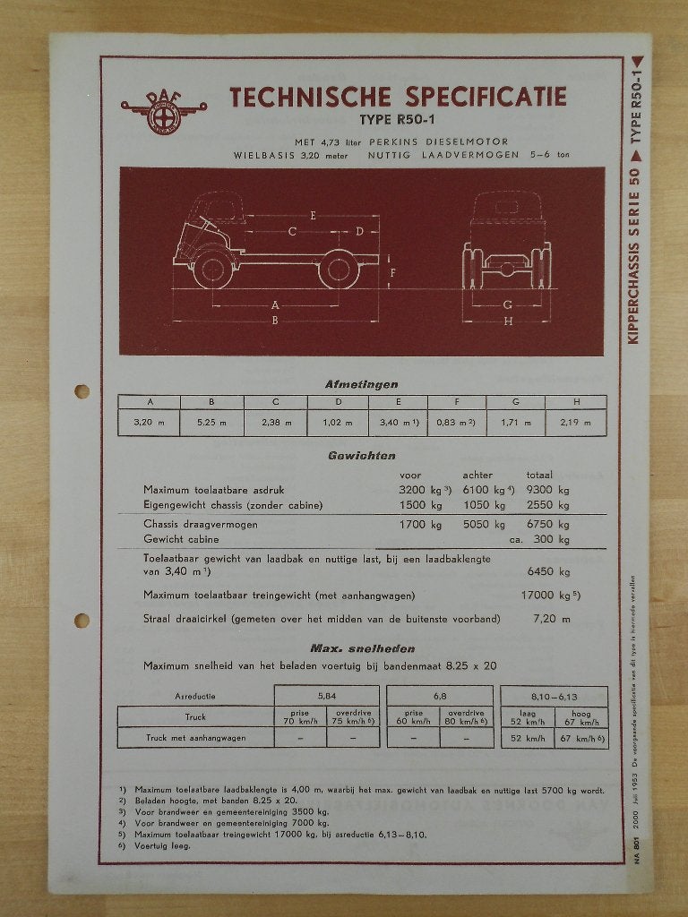 DAF R50 - 1 Specificatie folder 1953 Kikker R 50-1, Ophalen of Verzenden, Zo goed als nieuw, Overige merken, DAF