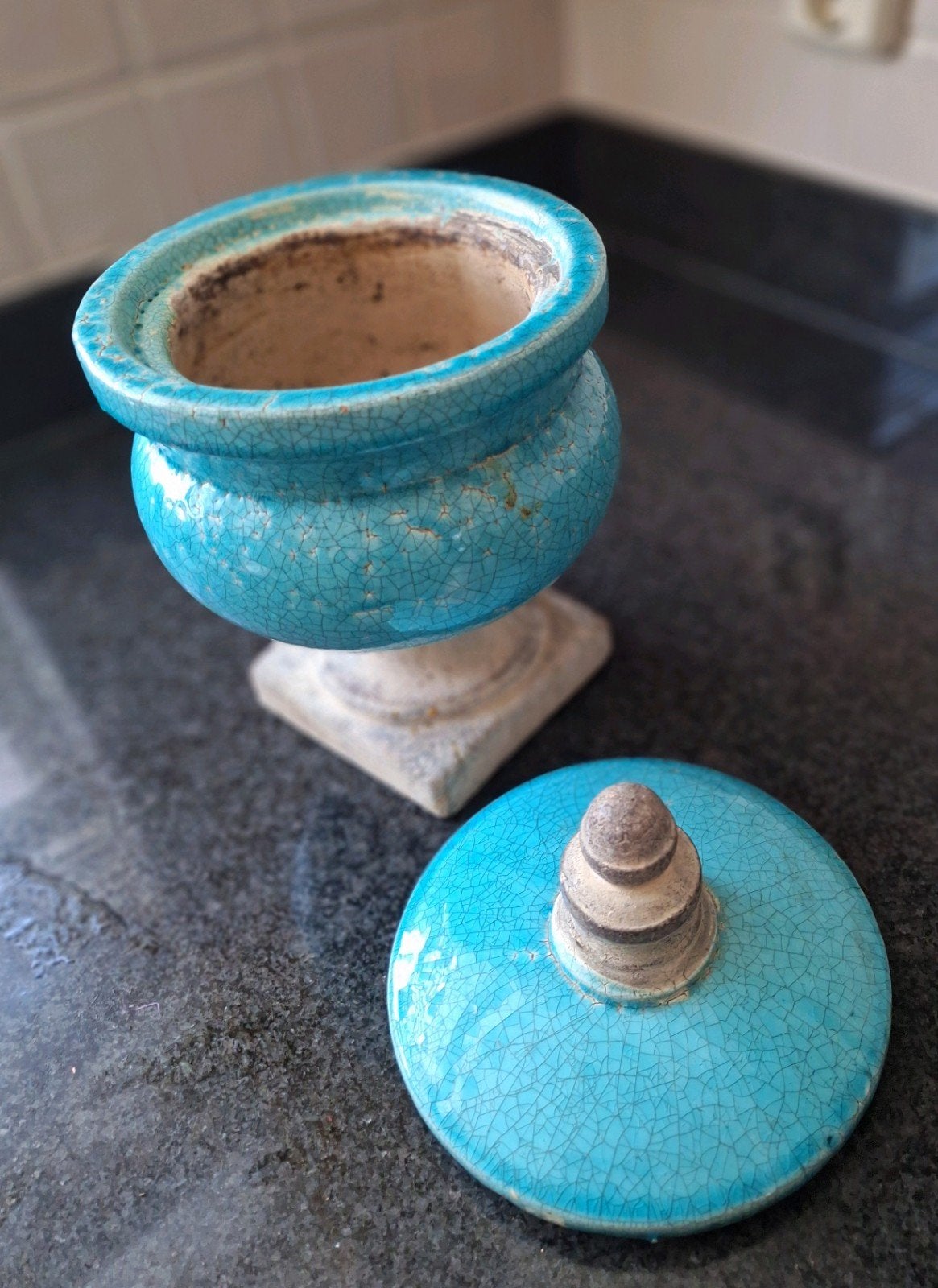 Mooie Geglazuurde Stenen Turquoise Tuinvaas met Deksel, Tuin en Terras, Tuinvazen, Ophalen of Verzenden, Zo goed als nieuw