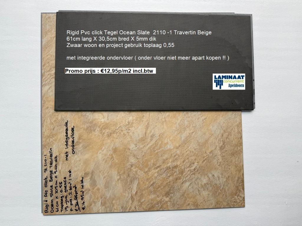 Pvc click Ocean slate 2110 + integreerde ondervloer €12,95m2, 75 m² of meer, Nieuw, Ophalen of Verzenden, Pvc click travertin beige met integreerde ondervloer