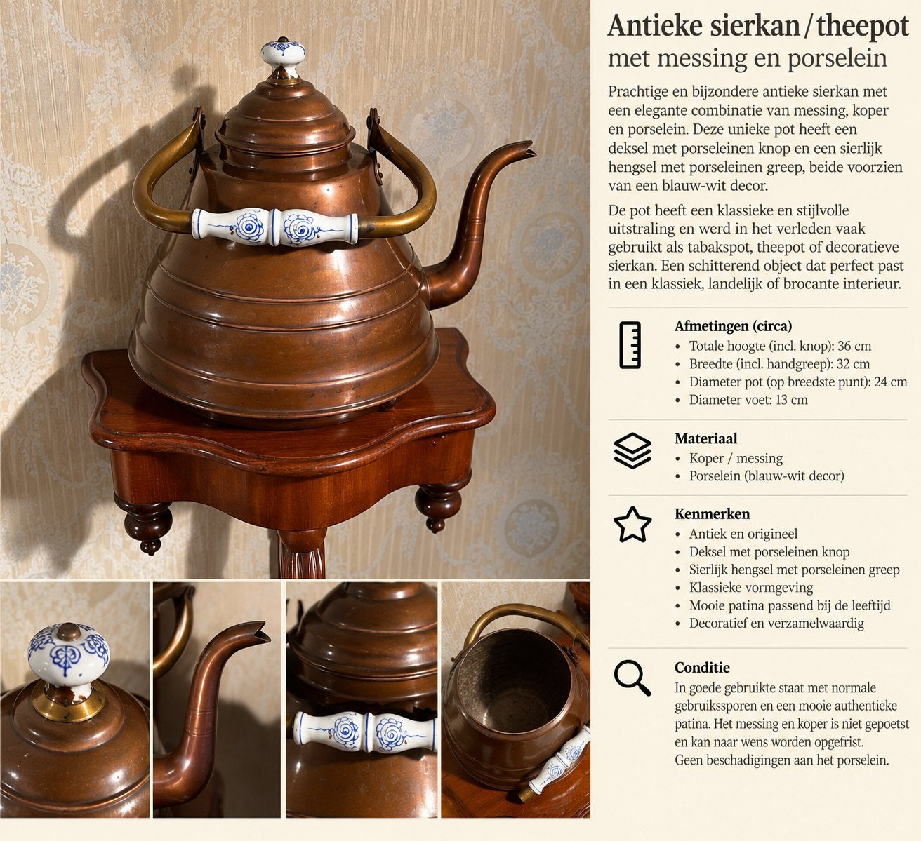 Antieke koperen waterketel met porselein | Klassiek decor, Ophalen of Verzenden