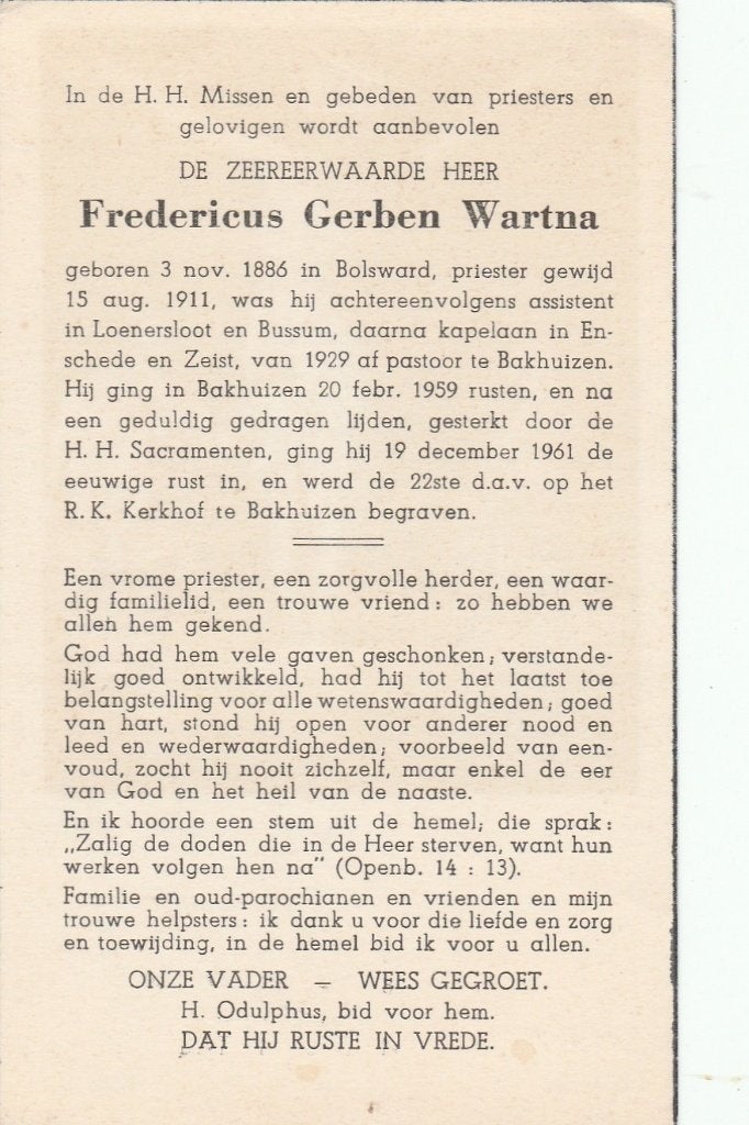 priester wartna-bolsward-bakhuizen 1961, Ophalen of Verzenden, Bidprentje