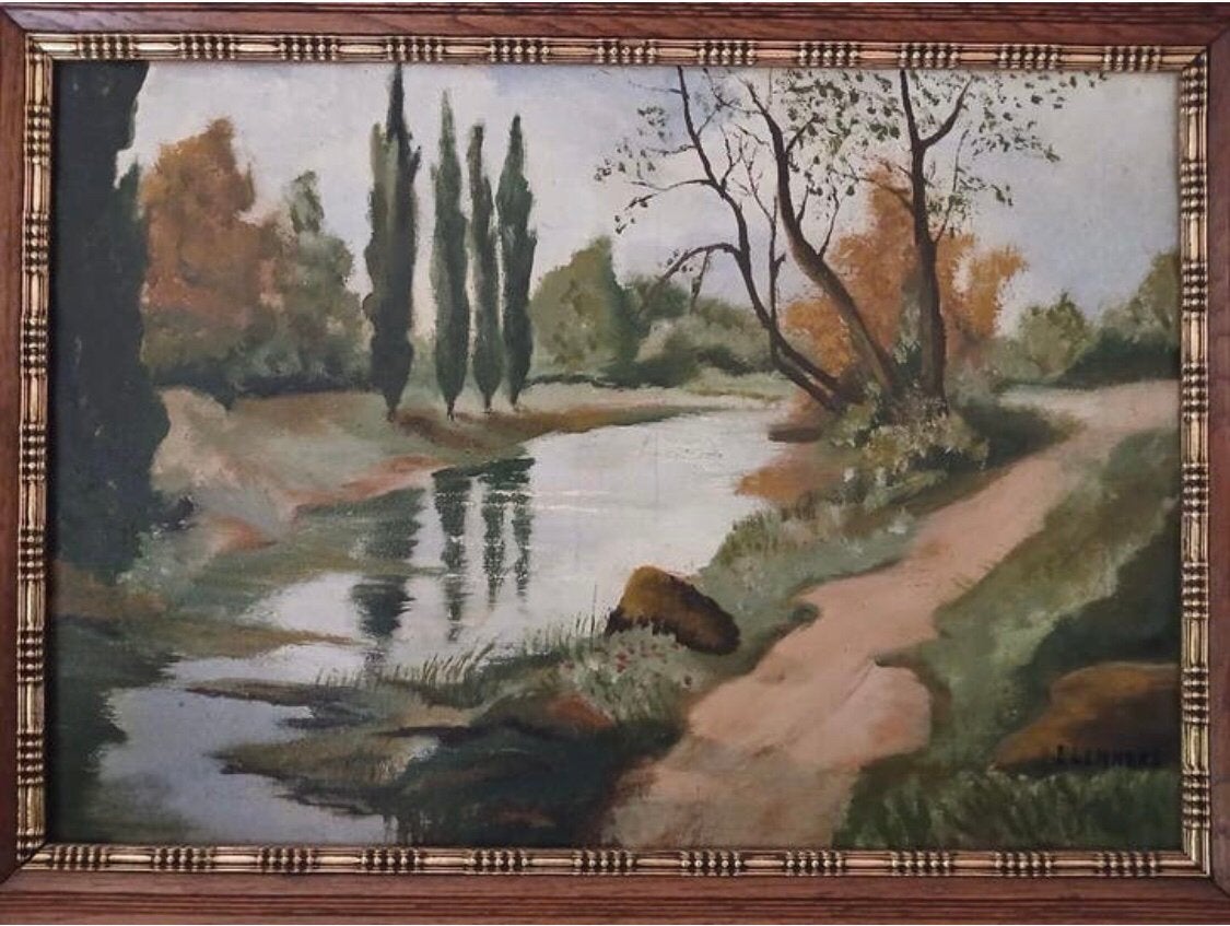 Schilderij "Pad langs de rivier", gesigneerd Lemmens, Ophalen