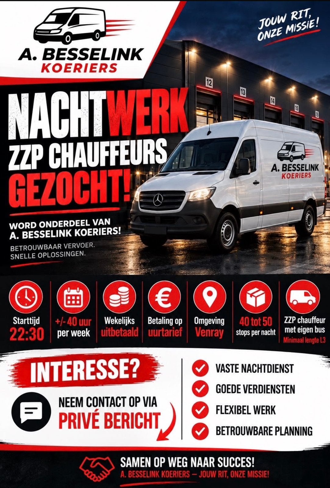 Zzp nachtkoerier gezocht!, 33 - 40 uur, Overige niveaus, Overige vormen