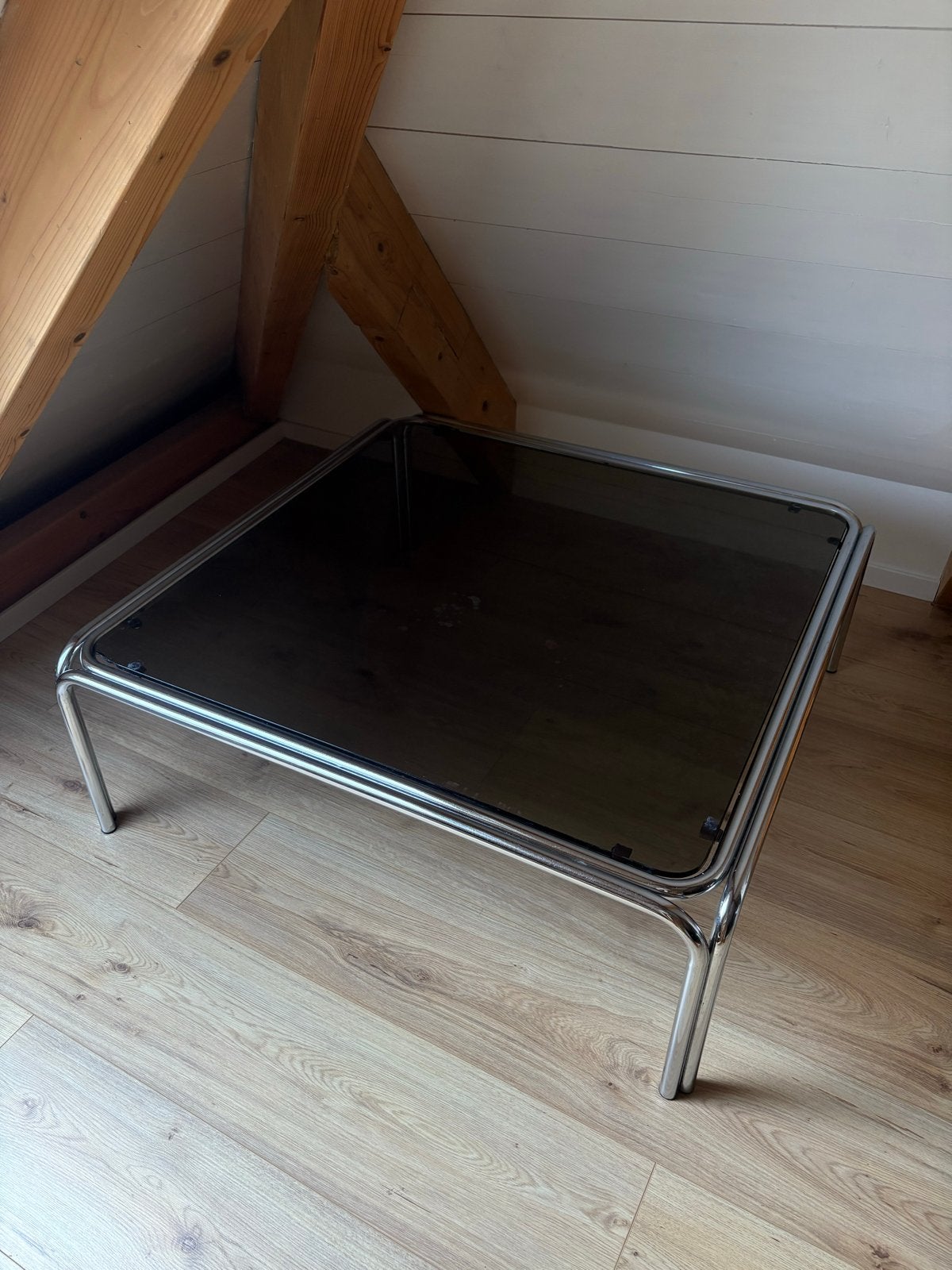 Vintage chrome & smoked glass coffee table, Ophalen, Gebruikt, Vierkant, Glas