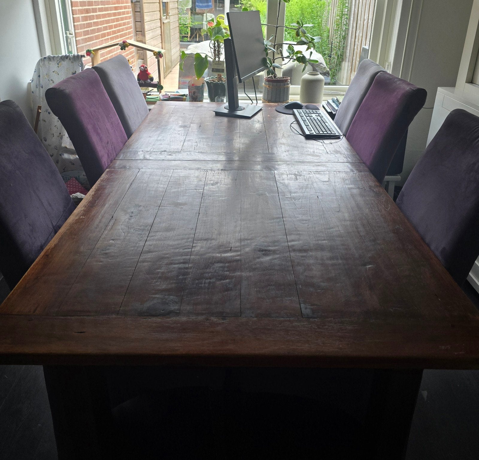 Donkerbruine houten tafel 200x100, Huis en Inrichting, Ophalen, Gebruikt, 200 cm of meer, 50 tot 100 cm