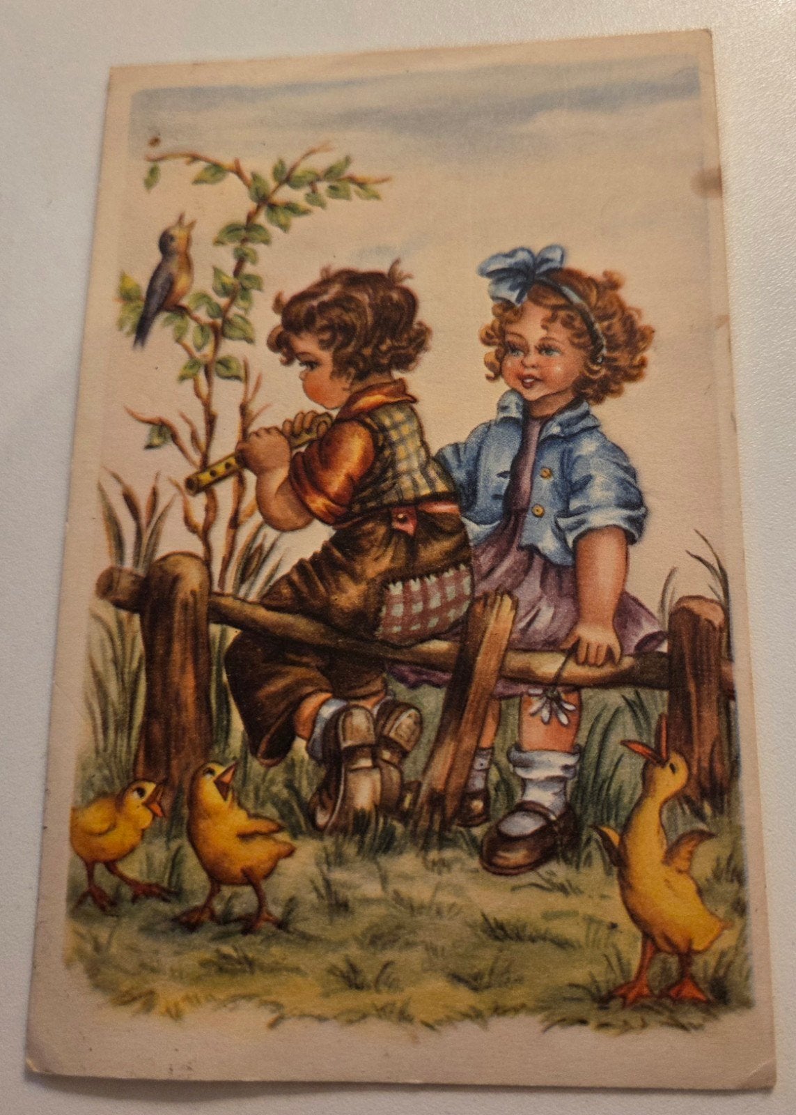 Jongen en meisje met fluit omringd door eendjes, Verzenden, 1940 tot 1960, Gelopen, Kinderen