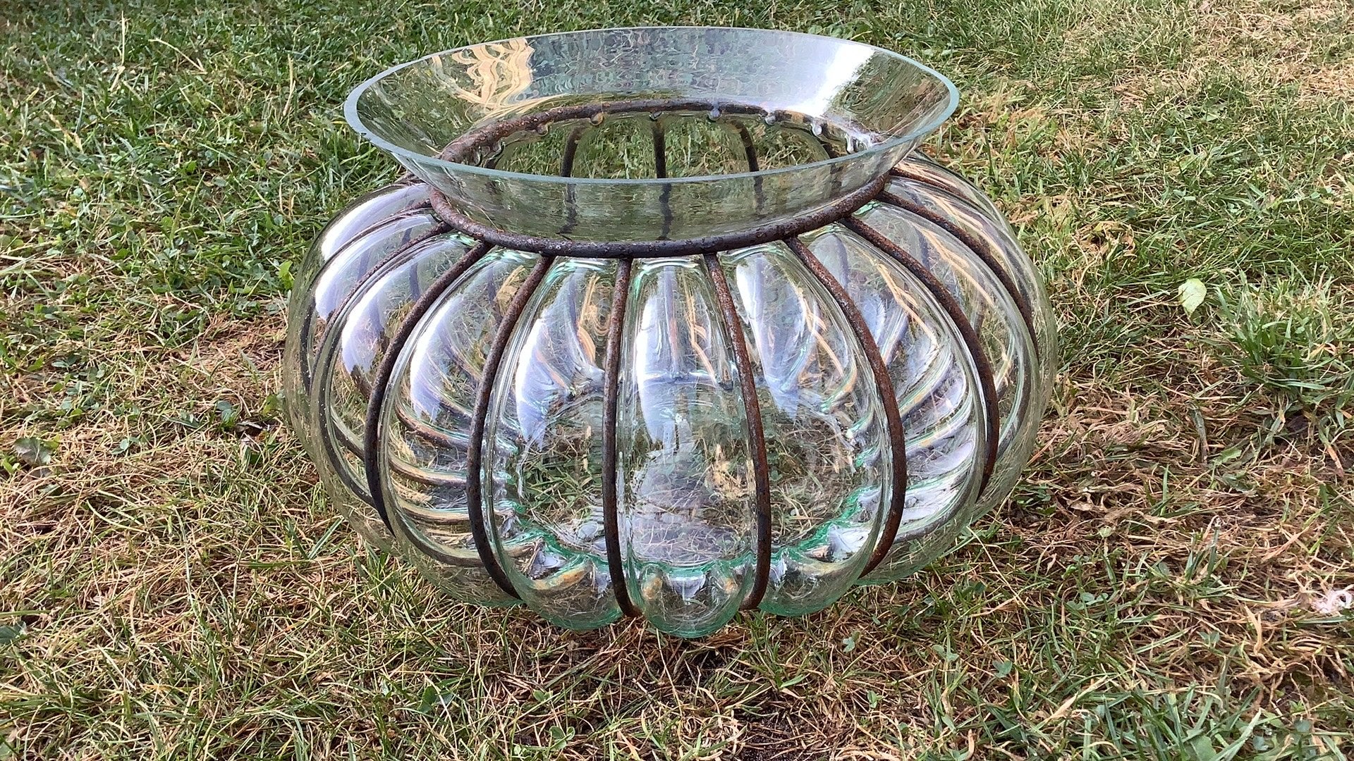 Bloempot fruitschaal glas ‘Venetiaans’, Ophalen of Verzenden, Gebruikt, Glas, Brocante