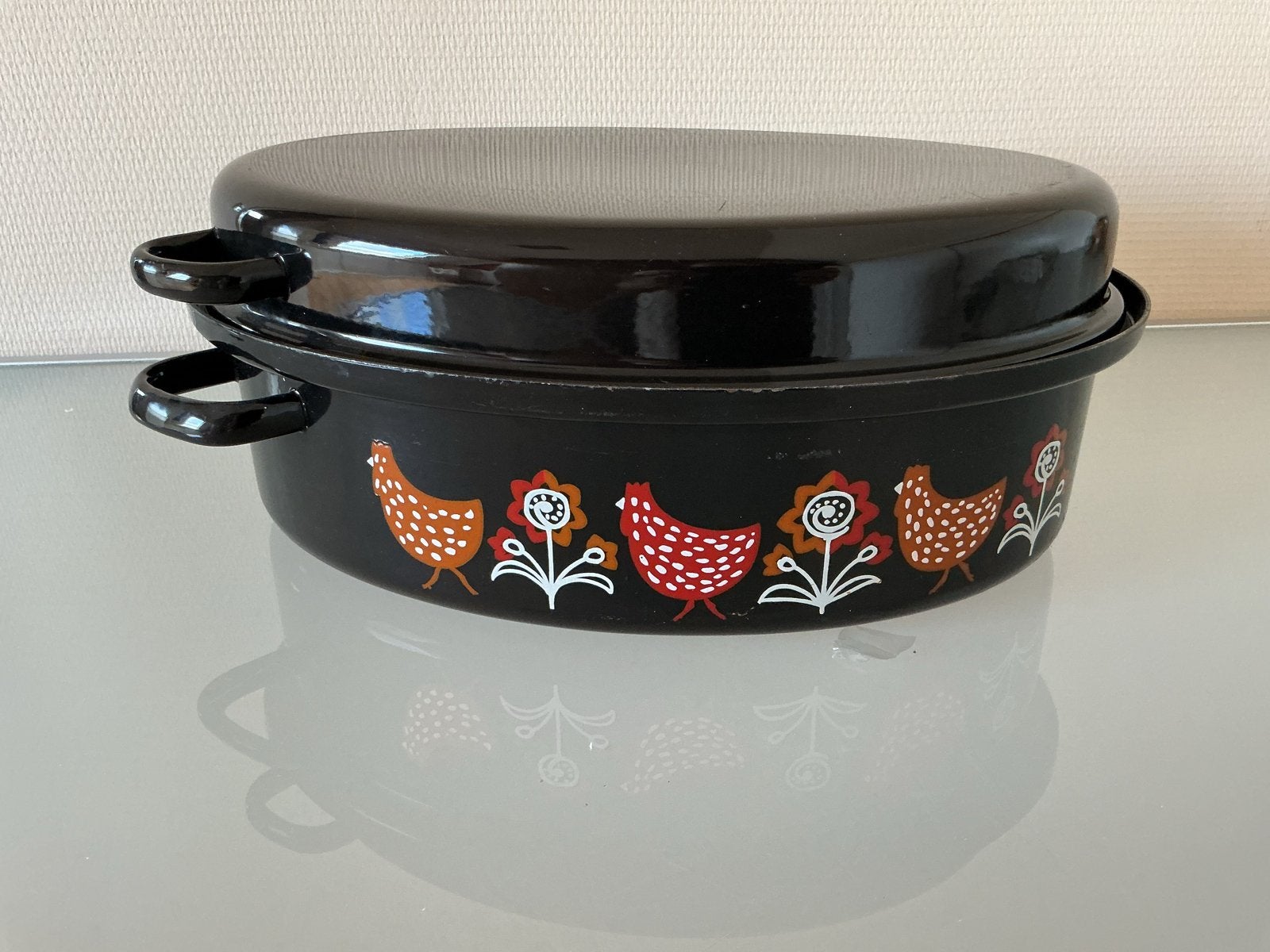Vintage braadslede met vrolijke kippen en bloemen decoratie, Ophalen of Verzenden, Zwart, Metaal, Overige merken