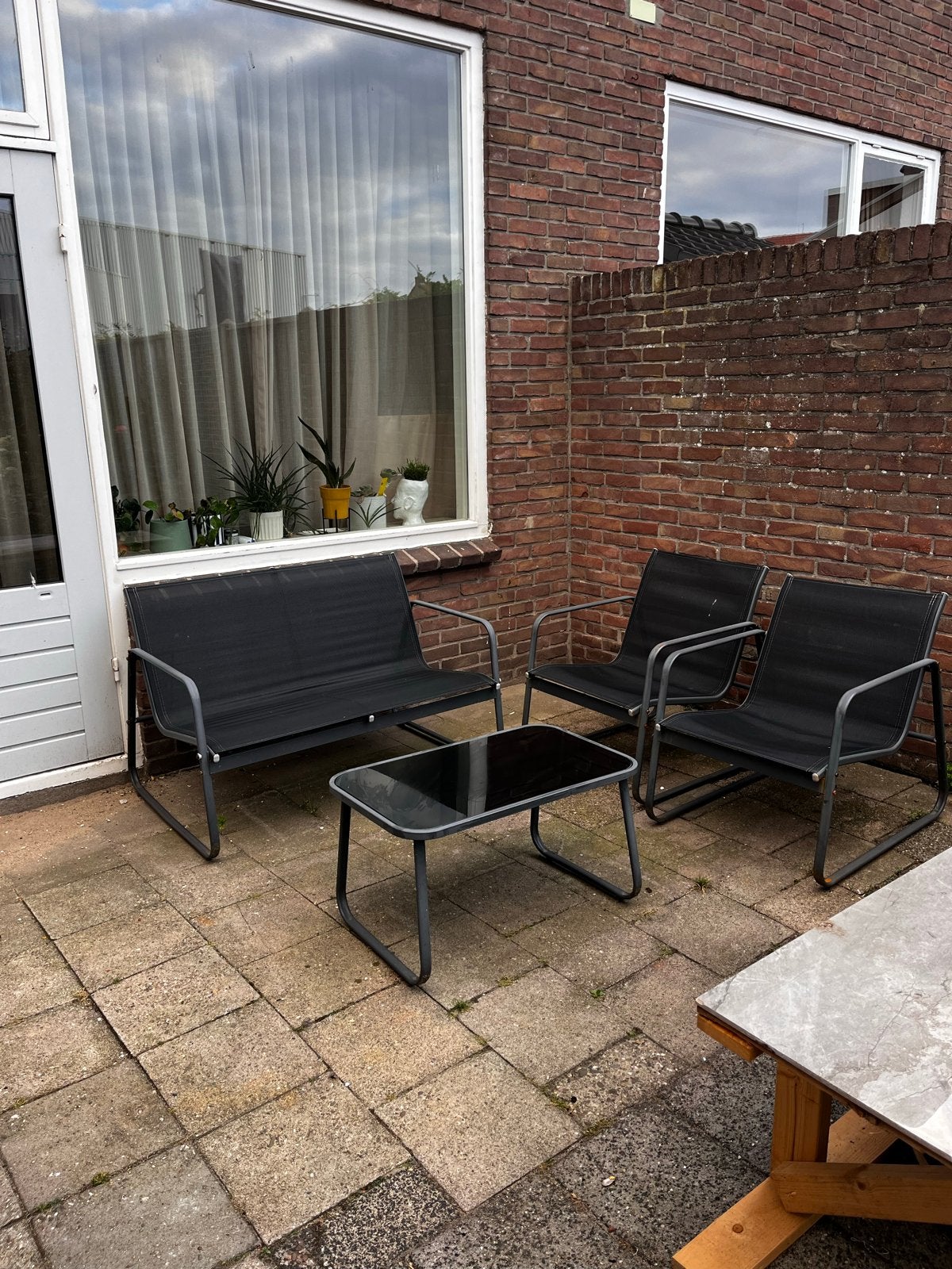 buiten zitje set - bank, 2 stoelen, tafel, Tuin en Terras, Ophalen, 4 zitplaatsen, Gebruikt, Aluminium