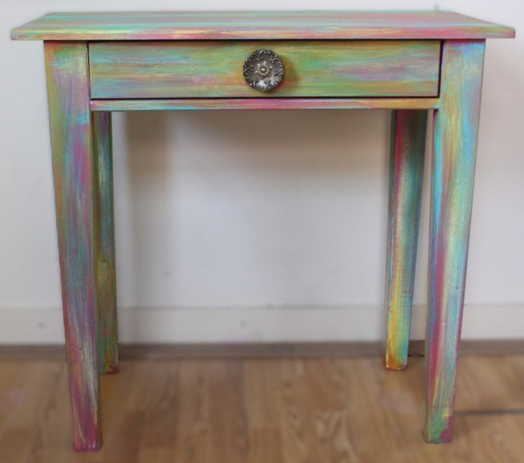 Een regenboog tafeltje met lade, bijzettafel, sidetable, 45 tot 60 cm, Minder dan 55 cm, Rond, Ophalen of Verzenden