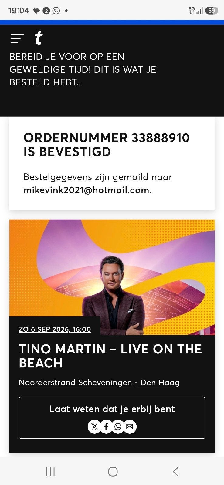 4 kaarten  tino martin 4 kaarten 50,-, Tickets en Kaartjes, Drie personen of meer, September