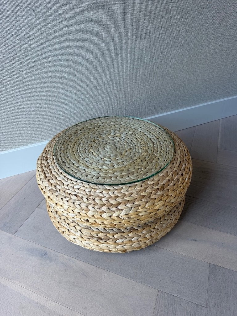 2x IKEA ALSEDA Bijzettafel/Poef met glasplaat, Ophalen, Minder dan 55 cm, Gebruikt, Rond