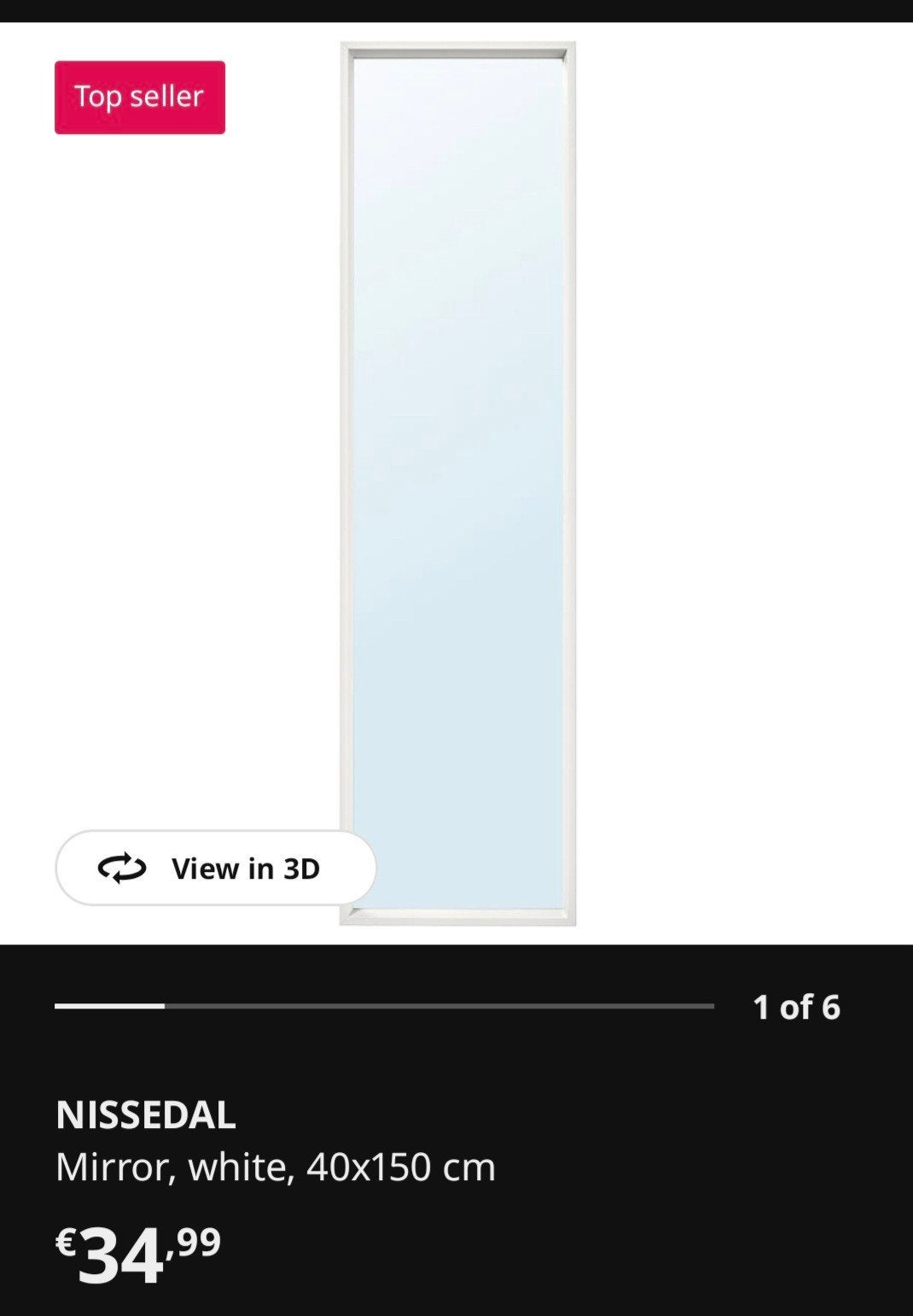 IKEA NISSEDAL spiegel wit, 40x150 cm, Huis en Inrichting, Ophalen, Minder dan 50 cm, Gebruikt, Minder dan 100 cm