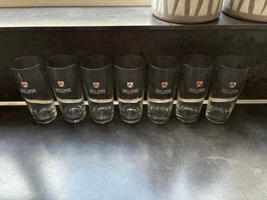Set van 7 Alfa bierglazen., Verzamelen, Biermerken, Verzenden, Nieuw, Glas of Glazen, Overige merken
