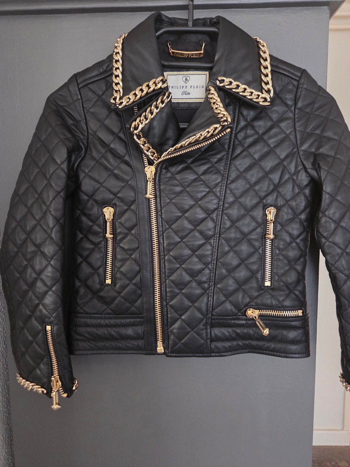 Philipp Plein Leren Jasje met Gouden Details maat 128, Ophalen of Verzenden, Zo goed als nieuw, Philip Plein, Jongen of Meisje