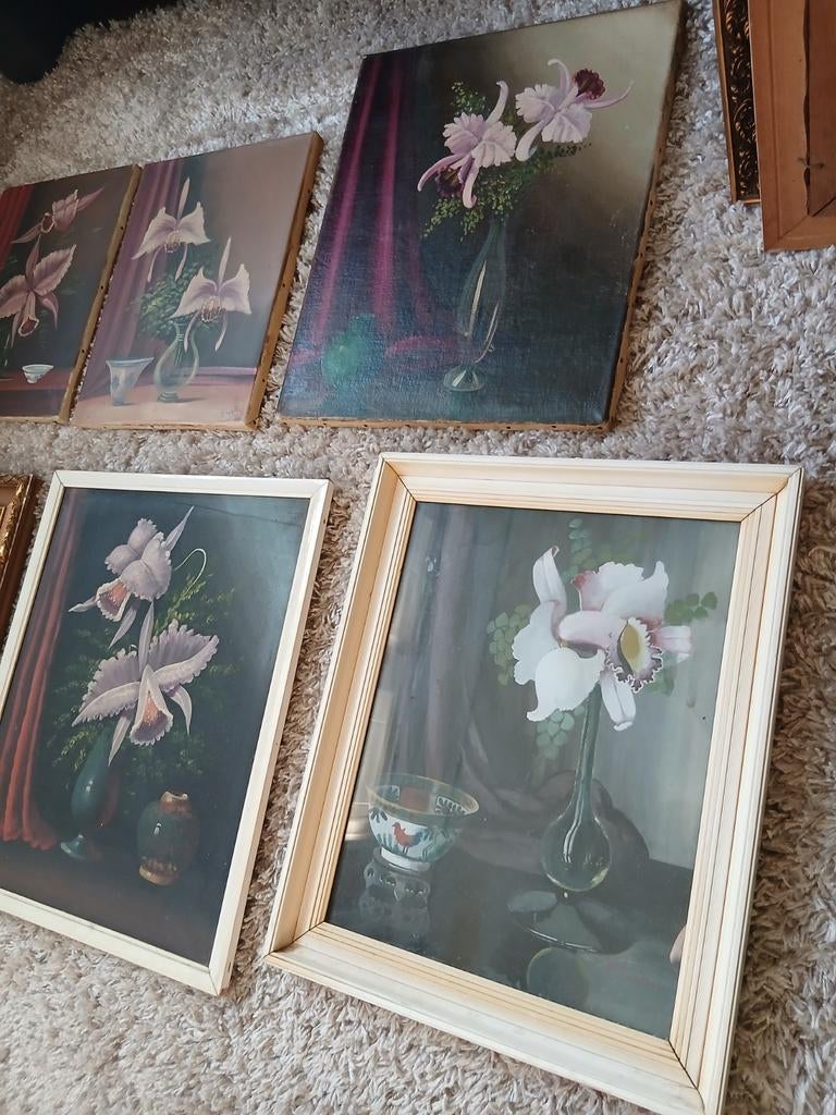 Collectie van 20 antieke schilderijen: Orchideeën in vaas, Ophalen