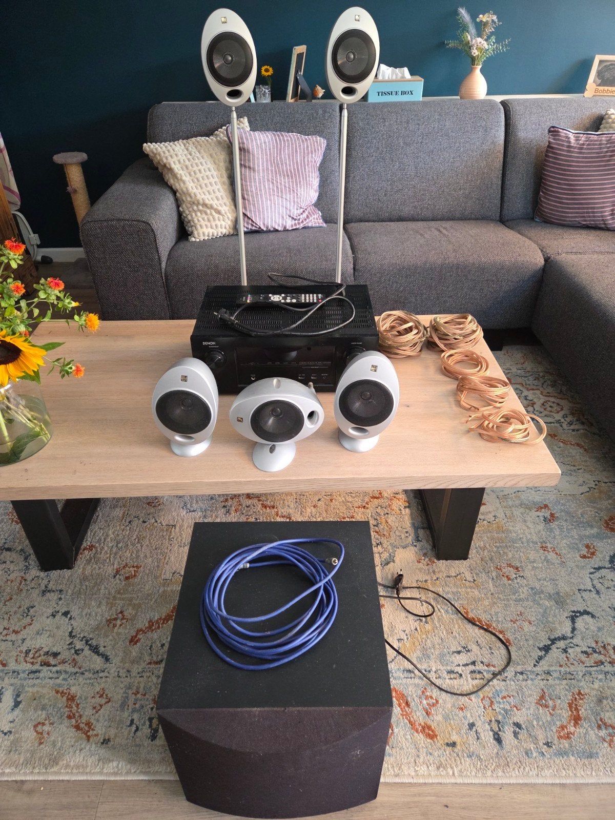 Denon AVR-X2000 Receiver met KEF eitjes met Yamaha sub, Gebruikt, 70 watt of meer, 5.1-systeem, Overige spelers