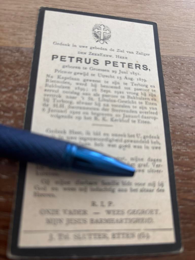 Peters Petrus 1851 Groessen 1922 Etten priester Bakhuizen, Verzamelen, Ophalen of Verzenden, Bidprentje