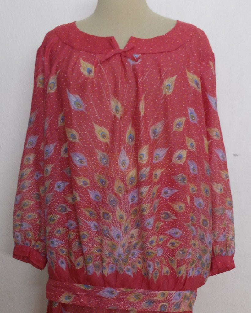 Boho vintage handmade pauwenveren print top/tuniek! L, Kleding | Dames, Verzenden, Zo goed als nieuw, Maat 42/44 (L), Meerkleurig