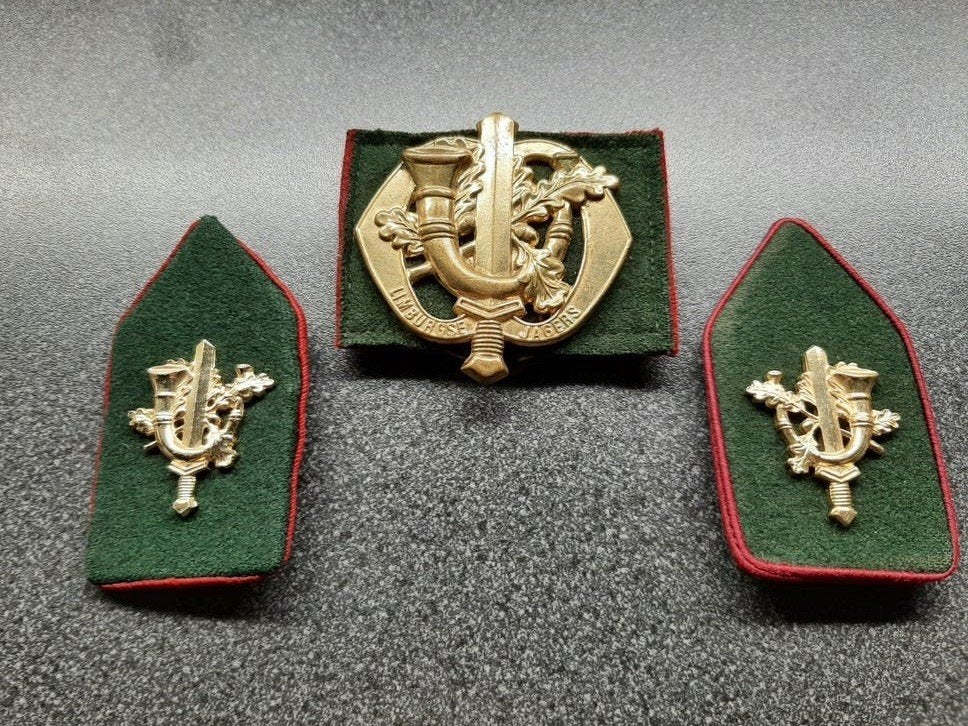 Limburgse Jagers  - embleem set - doorgestikte baret achterg, Ophalen of Verzenden, Landmacht, Nederland, Embleem of Badge