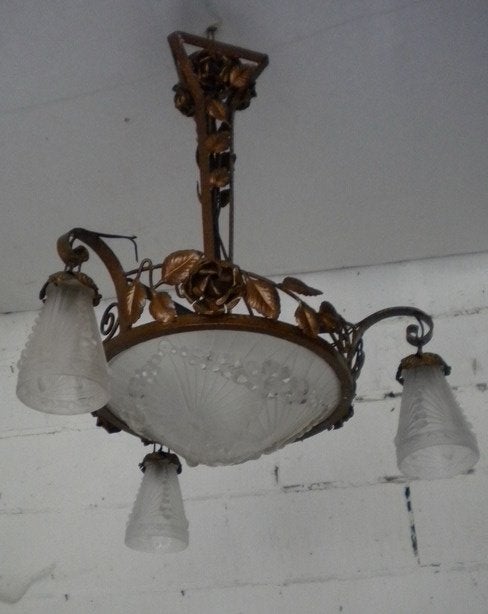 art deco luster lamp wit geperst glas Schneider, Ophalen
